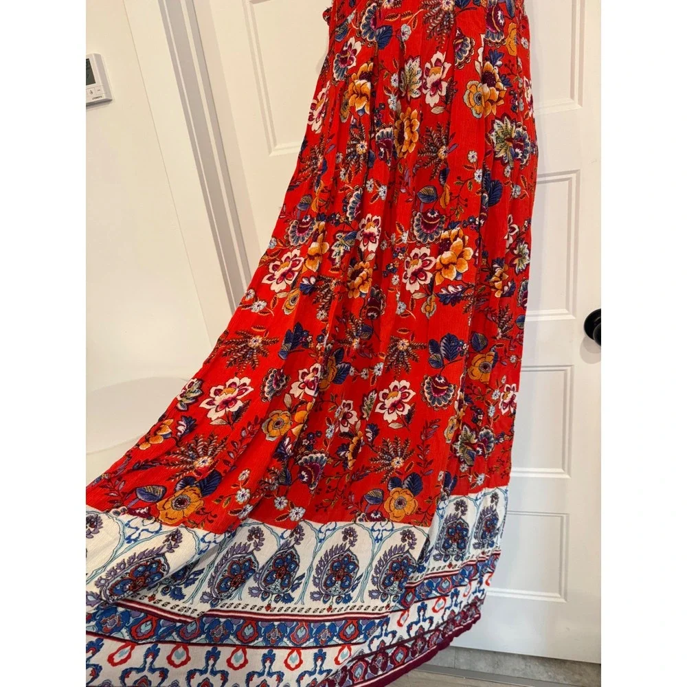 Patrons of Peace Red Floral Boho Maxi Dress Crochet Trim Smocked Back Medium - Picture 5 of 7